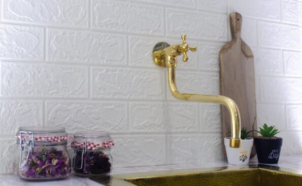 Unlacquered Brass Pot Filler Kitchen Faucet, Traditional Solid Brass Faucet with Cross Handle