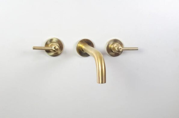 Brushed brass wall mounted bathroom vessel sink faucet with simple lever handles - Image 6