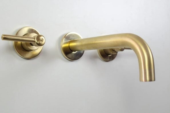 Brushed brass wall mounted bathroom vessel sink faucet with simple lever handles - Image 7