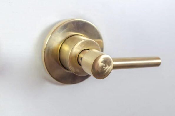 Brushed brass wall mounted bathroom vessel sink faucet with simple lever handles - Image 5