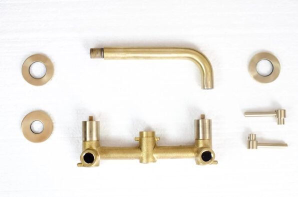 Brushed brass wall mounted bathroom vessel sink faucet with simple lever handles - Image 4