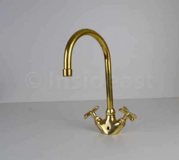 Gooseneck bathroom vanity solid brass faucet, unlacquered brass with flat cross handles & aerator - Image 2