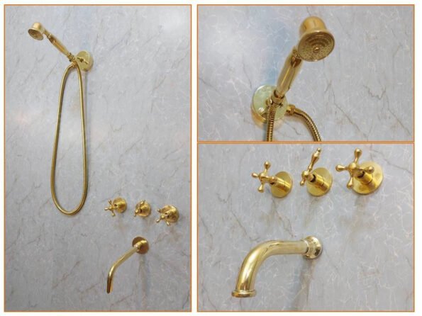 Unlacquered Brass Wall Mount Tub Filler With Handheld Shower Head