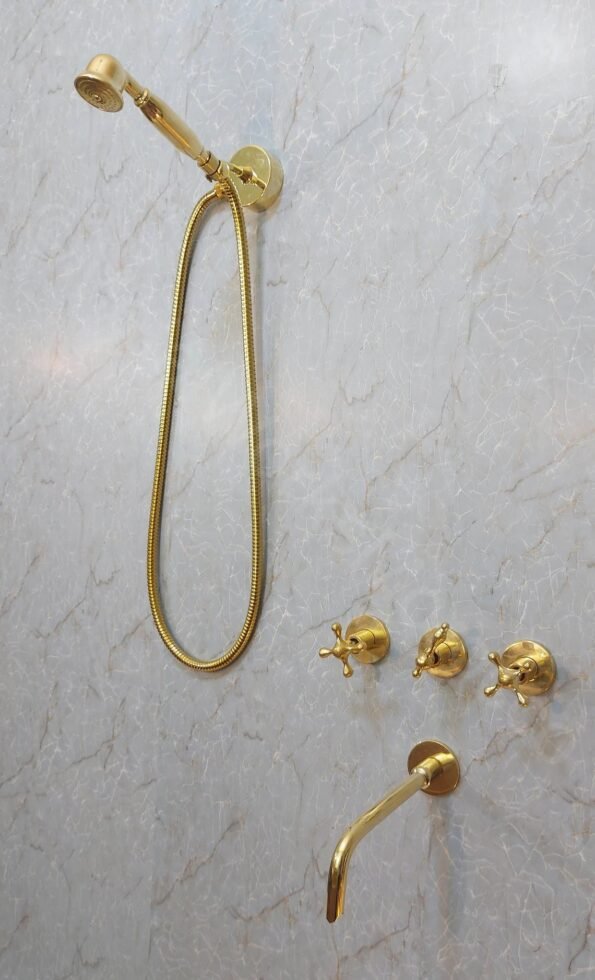 Unlacquered Brass Wall Mount Tub Filler With Handheld Shower Head - Image 2
