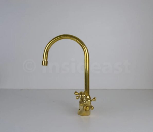 Gooseneck bathroom solid brass faucet, unlacquered brass faucet with simple cross handles & aerator - Image 2