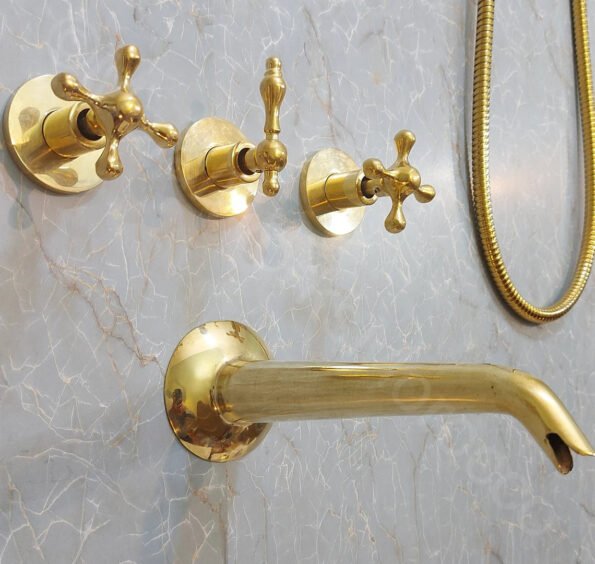Unlacquered Brass Wall Mount Tub Filler With Handheld Shower Head - Image 5