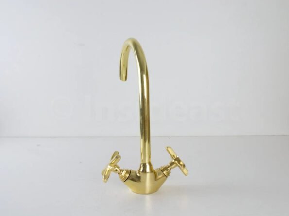 Gooseneck bathroom solid brass faucet, unlacquered brass faucet with flat cross handles