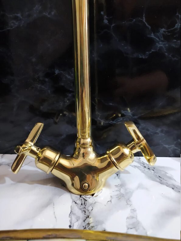 Curved solid brass bathroom faucet with simple cross handles, uncoated brass faucet - Image 2