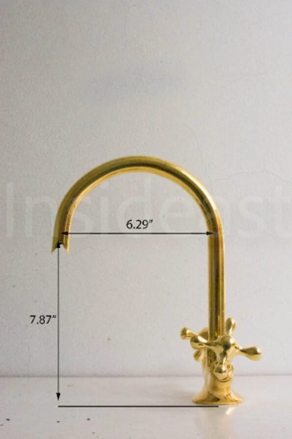 Gooseneck bathroom solid brass faucet, unlacquered brass faucet with flat cross handles - Image 4