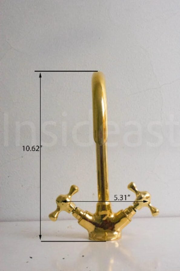 Gooseneck bathroom solid brass faucet, unlacquered brass faucet with flat cross handles - Image 5