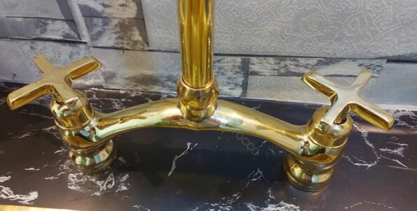 Classic Unlacquered Brass Bridge Faucet With Gooseneck Spout - Vessel Sink Faucet - Image 5