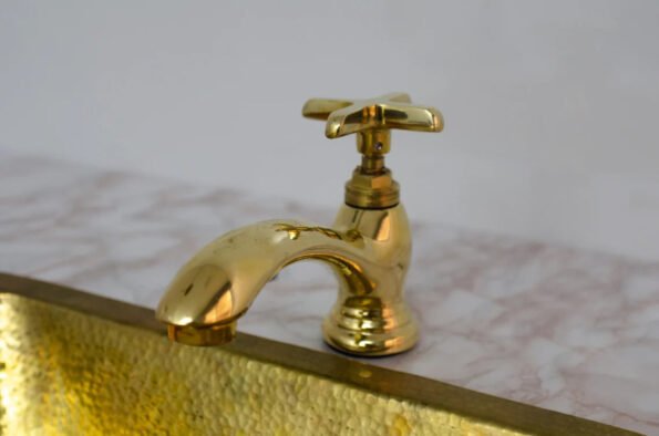 Unlacquered brass single hole bathroom faucet, vintage flat cross tap ibf02
