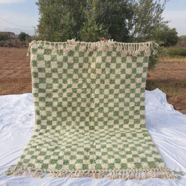 Checkered Rug Beni Ourain Moroccan Green Carpet | 8x5'9 Ft | 2,43x1,80 m | DAMA | 100% wool handmade