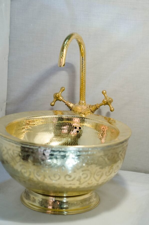 Solid Brass Vessel Sink and Bathroom Faucet Set, Hand Engraved Morocco Sink - Image 2