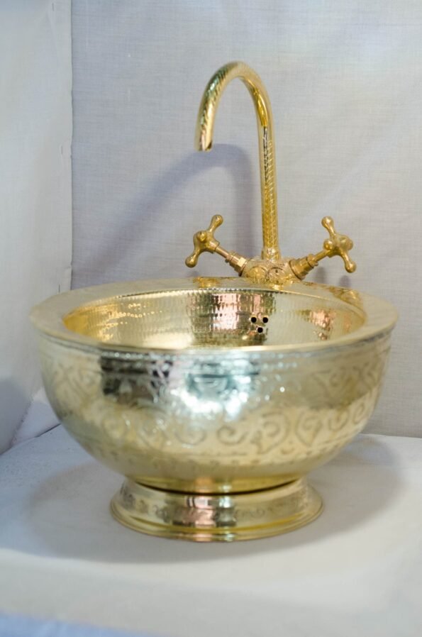 Solid Brass Vessel Sink and Bathroom Faucet Set, Hand Engraved Morocco Sink