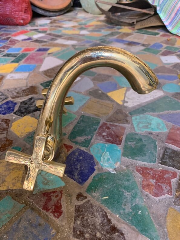 Bathroom Kichen Faucet Hand Engraved Moroccan Brass Gold Color Faucet Tap - Image 3