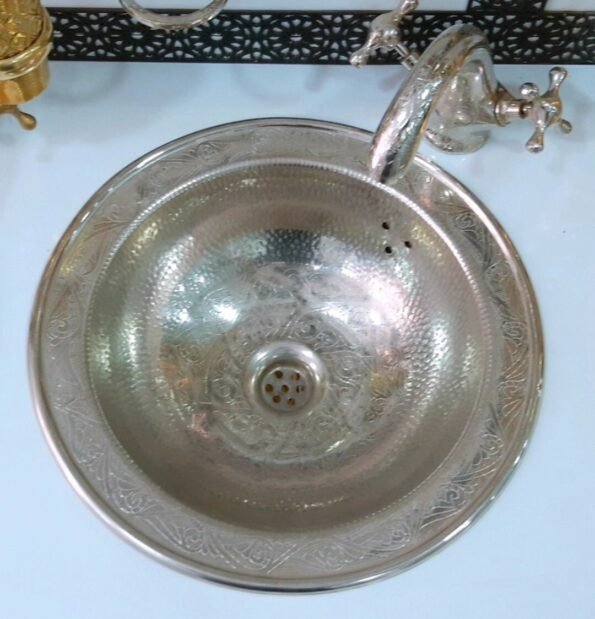 vintage Moroccan brass hand hammered round sink wash basin, handcrafted sink with Moroccan design