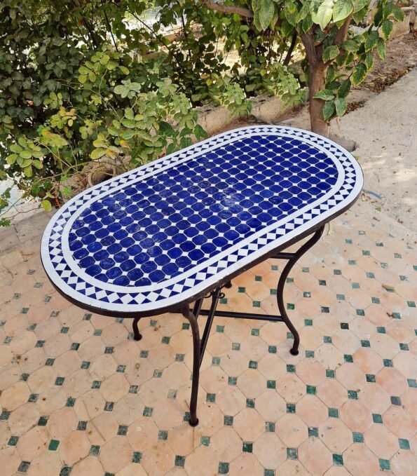 CUSTOMIZABLE Oval Mosaic Table - Crafts Mosaic Table - Blue and White Mid Century Zellije Table - Image 2