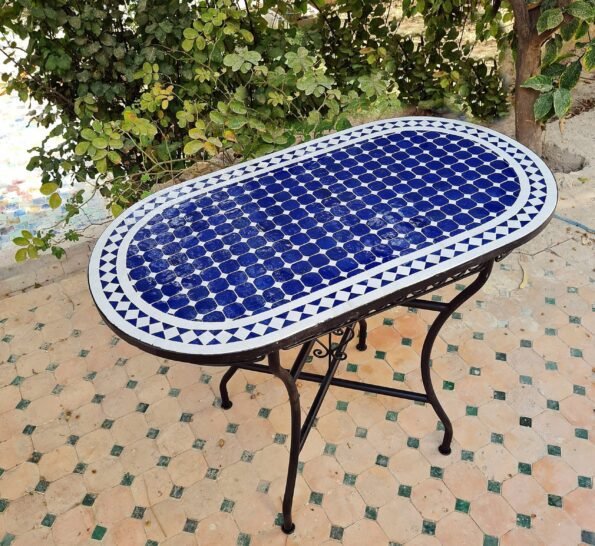 CUSTOMIZABLE Oval Mosaic Table - Crafts Mosaic Table - Blue and White Mid Century Zellije Table