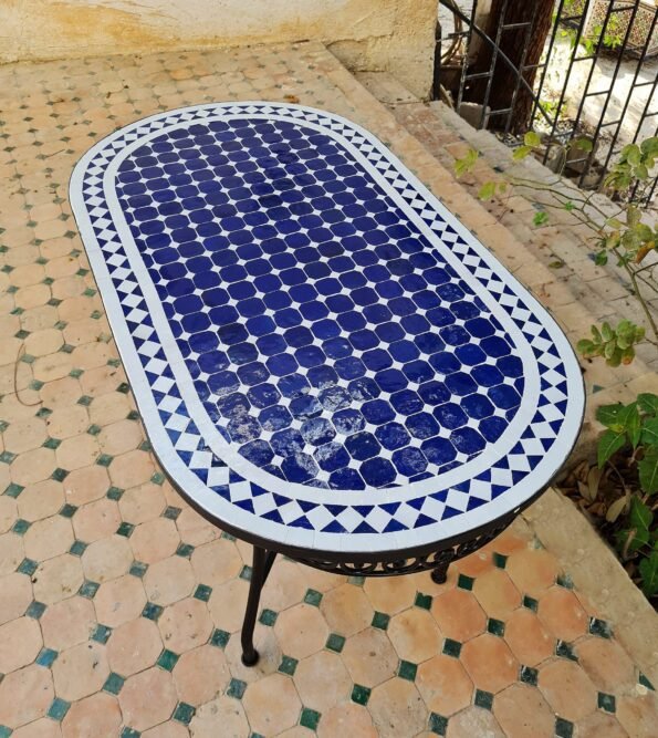 CUSTOMIZABLE Oval Mosaic Table - Crafts Mosaic Table - Blue and White Mid Century Zellije Table - Image 3