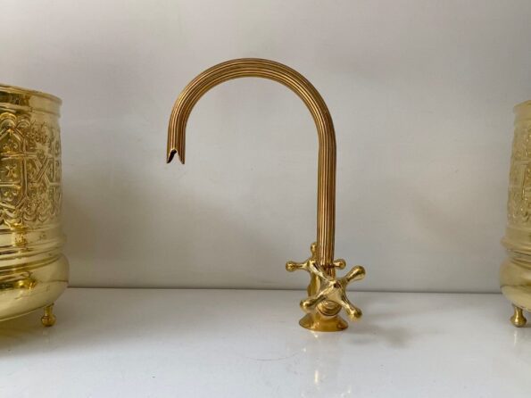 Gooseneck Bathroom Vanity Solid Brass Faucet, Unlacquered Brass with Simple Cross Handles - Image 5