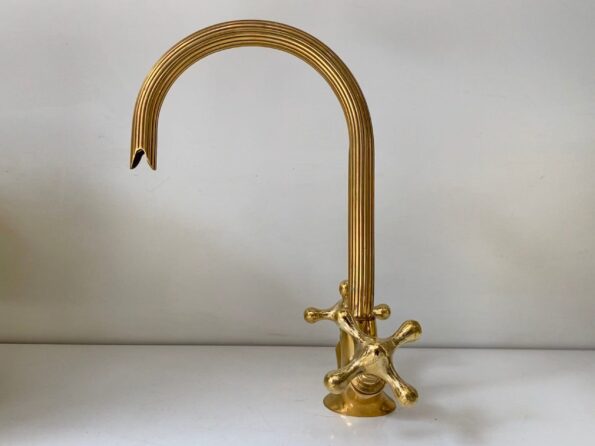 Gooseneck Bathroom Vanity Solid Brass Faucet, Unlacquered Brass with Simple Cross Handles - Image 3