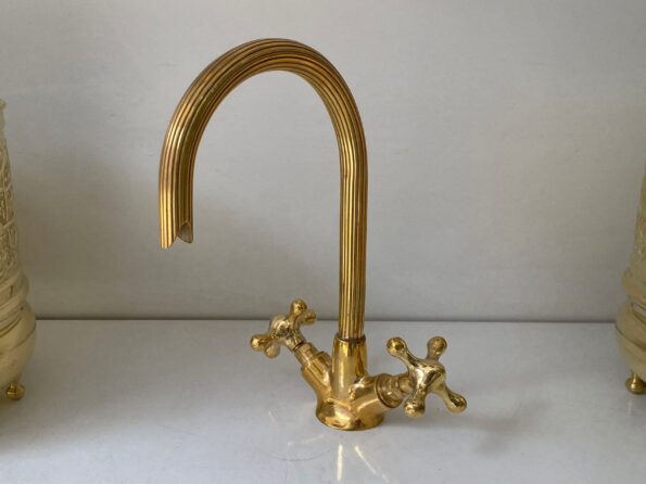 Gooseneck Bathroom Vanity Solid Brass Faucet, Unlacquered Brass with Simple Cross Handles