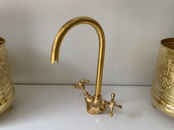 Bathroom and Kitchen Brass Faucet, Gooseneck Faucet, Unlacquered Brass Faucet, Tap Kitchen Faucet With Vintage Cross Handles Hot Cold water - Image 3