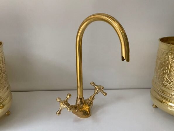 Bathroom and Kitchen Brass Faucet, Gooseneck Faucet, Unlacquered Brass Faucet, Tap Kitchen Faucet With Vintage Cross Handles Hot Cold water - Image 2