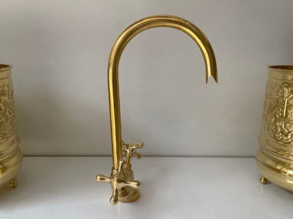 Bathroom and Kitchen Brass Faucet, Gooseneck Faucet, Unlacquered Brass Faucet, Tap Kitchen Faucet With Vintage Cross Handles Hot Cold water - Image 5