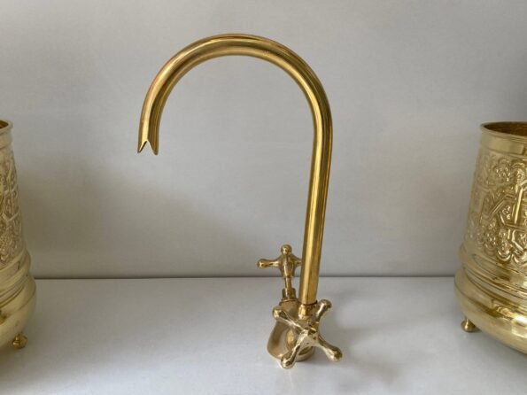 Bathroom and Kitchen Brass Faucet, Gooseneck Faucet, Unlacquered Brass Faucet, Tap Kitchen Faucet With Vintage Cross Handles Hot Cold water - Image 4