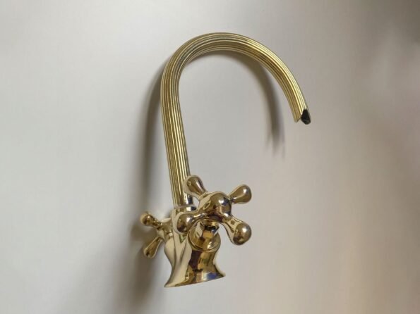 Gooseneck Bathroom Vanity Solid Brass Faucet, Unlacquered Brass with Simple Cross Handles Hot and Cold Water Tap , Brass Kitchen Faucets - Image 7