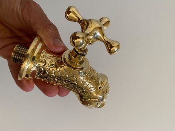 Handcrafted Wall Faucet For Garden, Bathroom Wall tap, Outdoor sink Faucet, Unlacquered Brass Fish Shaped Faucet, Wall Mounted Faucet - Image 3