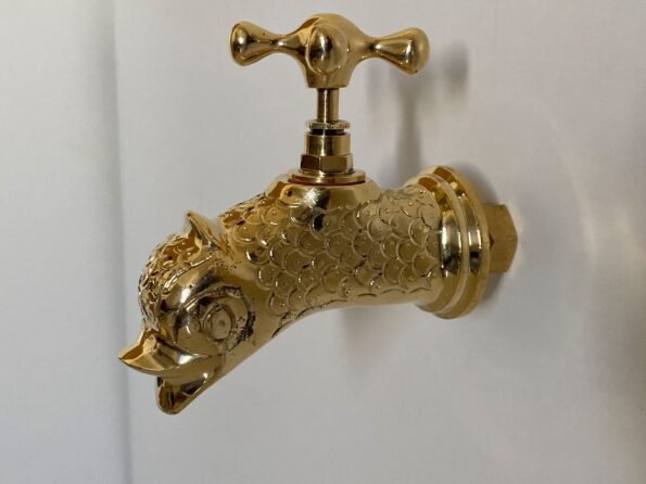 Handcrafted Wall Faucet For Garden, Bathroom Wall tap, Outdoor sink Faucet, Unlacquered Brass Fish Shaped Faucet, Wall Mounted Faucet - Image 2