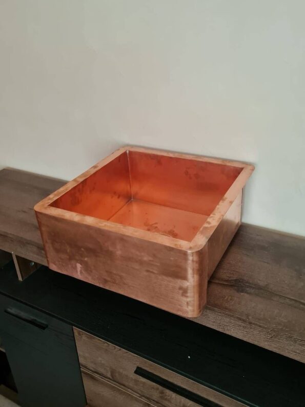 Custom Made 680mm x 480mm x 200mm Belfast Copper Sink With Copper Drain Basket - 16 Guage - Image 3