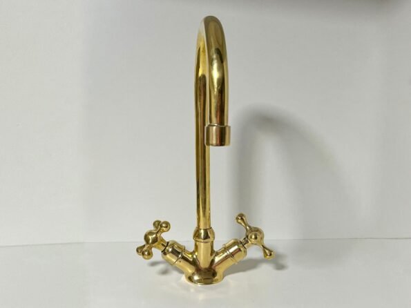 Bathroom Sink Faucet, Gooseneck Bathroom Vanity Solid Brass Faucet, Unlacquered Brass Tap with Traditional Simple Cross Handles and Aerator - Image 4