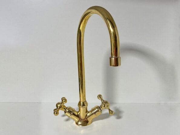 Bathroom Sink Faucet, Gooseneck Bathroom Vanity Solid Brass Faucet, Unlacquered Brass Tap with Traditional Simple Cross Handles and Aerator - Image 5