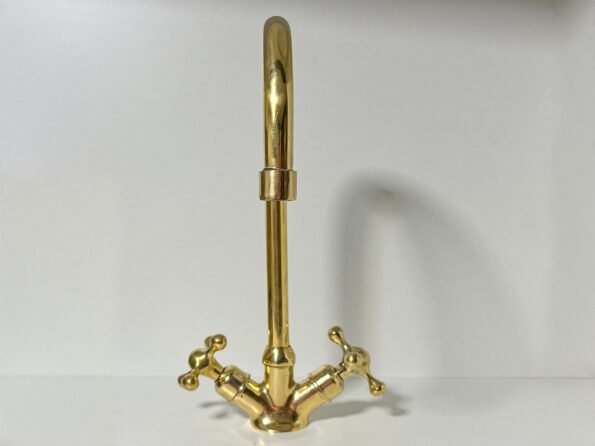 Bathroom Sink Faucet, Gooseneck Bathroom Vanity Solid Brass Faucet, Unlacquered Brass Tap with Traditional Simple Cross Handles and Aerator - Image 6