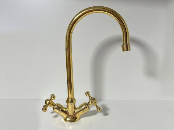 Bathroom Sink Faucet, Gooseneck Bathroom Vanity Solid Brass Faucet, Unlacquered Brass Tap with Traditional Simple Cross Handles and Aerator - Image 7