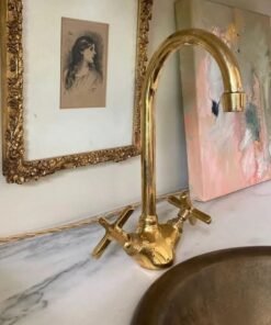 Gooseneck bathroom vanity solid brass faucet, unlacquered brass with flat cross handles & aerator