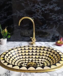 Curved solid brass bathroom faucet with simple cross handles, uncoated brass faucet