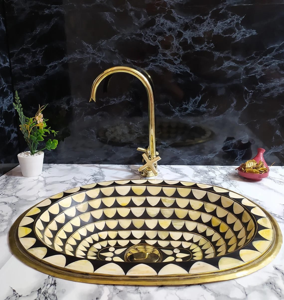 Curved solid brass bathroom faucet with simple cross handles, uncoated brass faucet