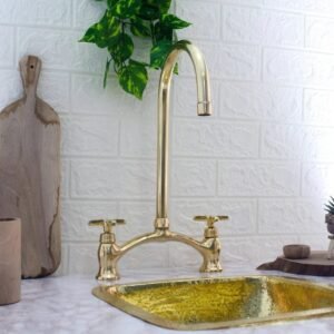 Arched V bridge unlacquered brass kitchen faucet