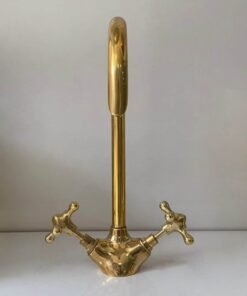 Bathroom and Kitchen Brass Faucet, Gooseneck Faucet, Unlacquered Brass Faucet, Tap Kitchen Faucet With Vintage Cross Handles Hot Cold water