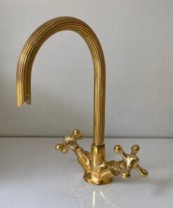 Gooseneck Bathroom Vanity Solid Brass Faucet, Unlacquered Brass with Simple Cross Handles
