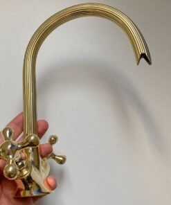 Gooseneck Bathroom Vanity Solid Brass Faucet, Unlacquered Brass with Simple Cross Handles Hot and Cold Water Tap , Brass Kitchen Faucets