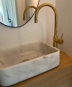 Brass Basin Mixer Tap, Gooseneck Bathroom Vanity Solid Brass Faucet, Unlacquered Brass Faucet with Single Handle for Hot and Cold Water