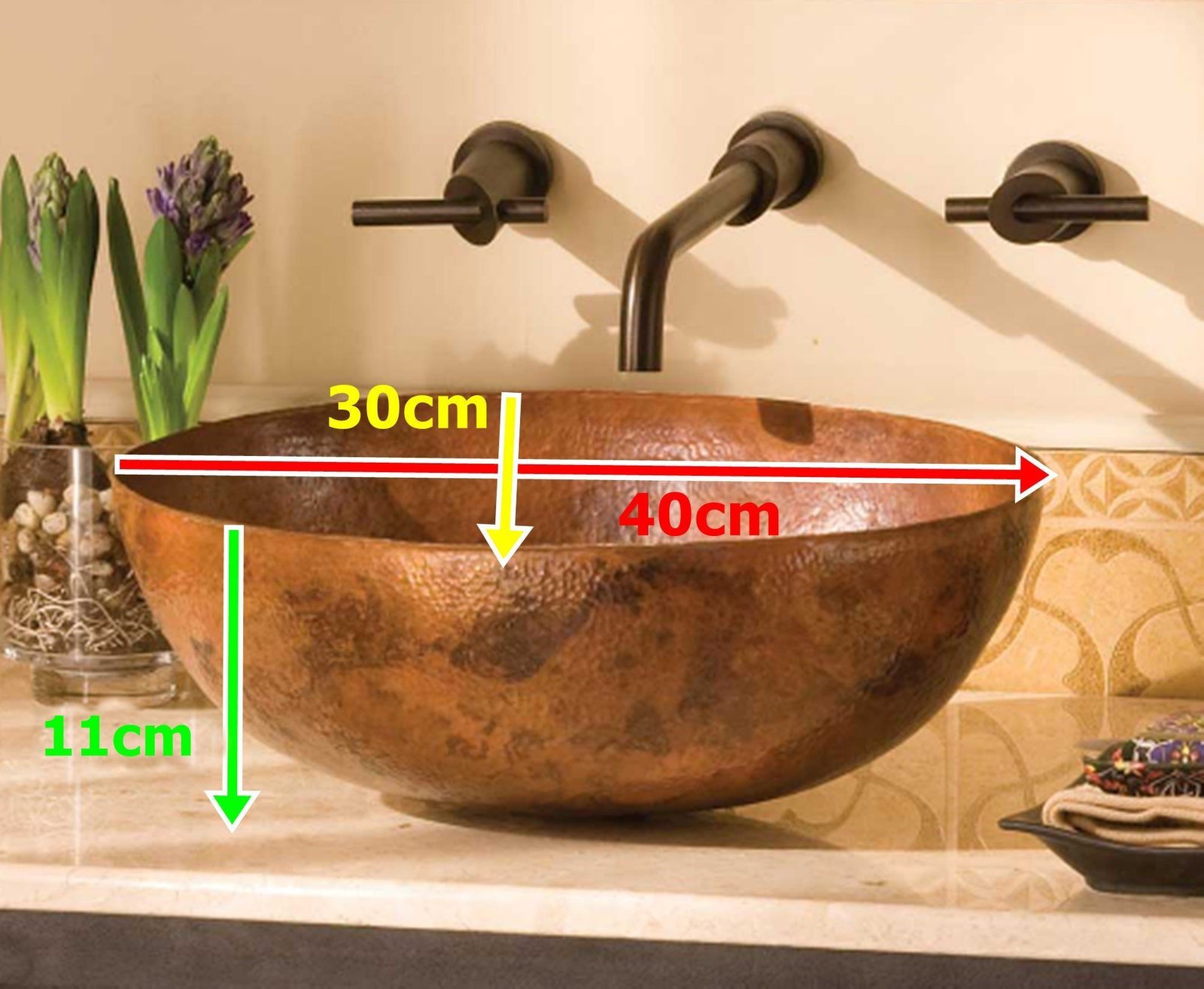 Custom Hammered Copper Oval Vessel Bathroom Sink - 400mm x 300mm x 110mm