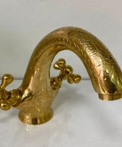Unlacquered Brass Double handle bathroom sink faucet mixer tap Hand Engraved Gold Finish & Simple cross handles